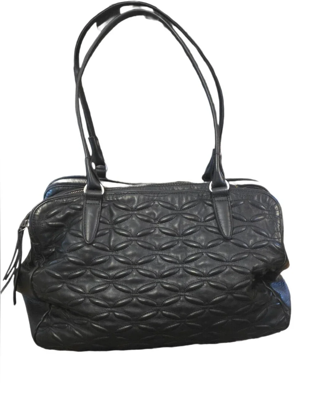 BLACK QUILTED Floral Genuine LEATHER Oversized Satchel/Crossbody SLOUCHY EUC